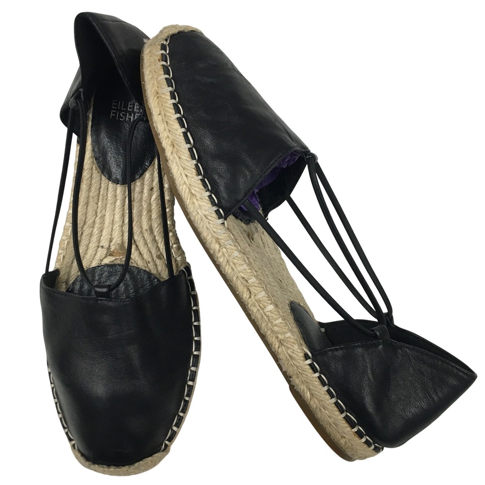 Eileen Fisher Leather Jute Espadrille Flats 8 Black Minimalist Boho Chic Classic
